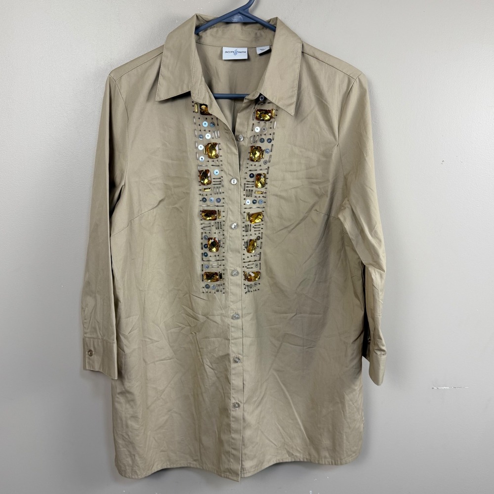 Jaclyn Smith Tunic Blouse Women Medium Tan Embellished Gem Long Sleeve Shirt